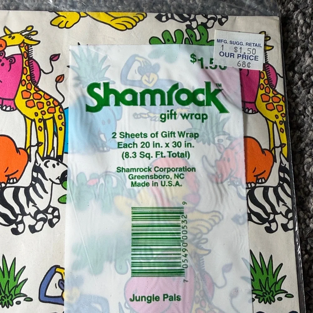 5/$25 VINTAGE Birthday Wrapping Paper Cute Zoo Animals Jungle Pals